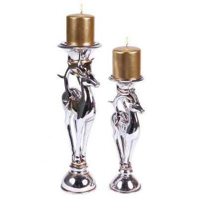 Melrose Set of 2 Silver Reindeer Christmas Pillar Candle Holders 16"