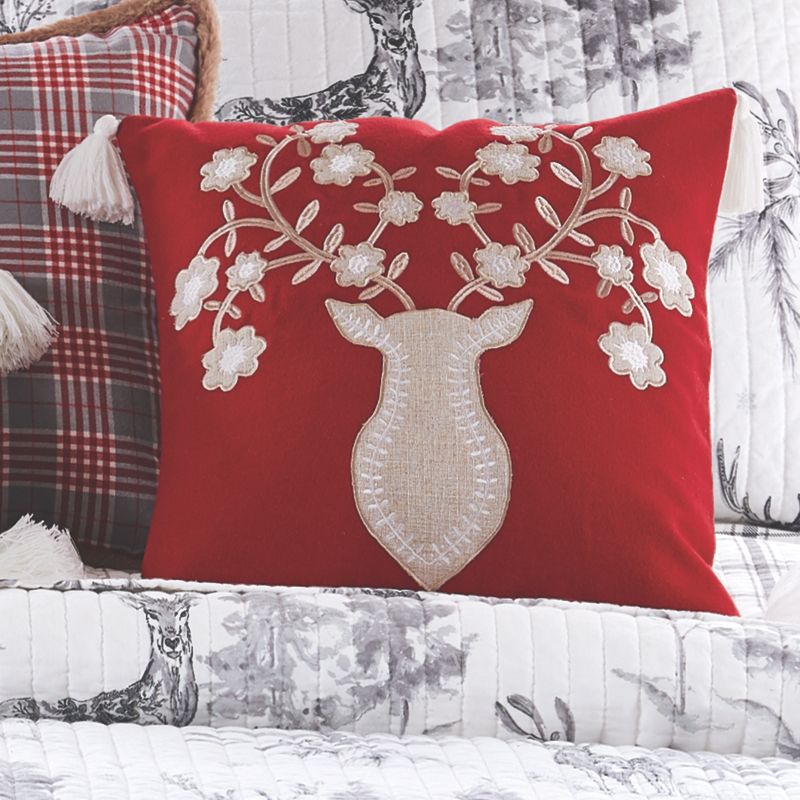 Villa Lugano Sleigh Bells Gray Deer Textured Red Tassel Pillow - Levtex Home, 3 of 5