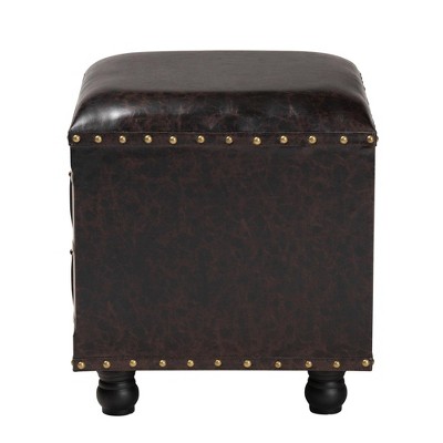 Charlier Rustic Dark Brown Faux Leather Storage Ottoman with Book Spine Drawer