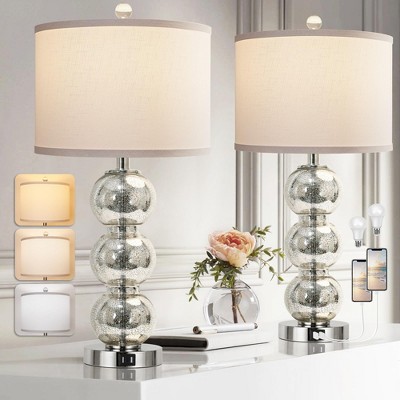 ROTTOGOON Set of 2 Table Lamps for Living Room Glass Triple-Sphere 27" Tall Bedside Desk Nightstand Lamp for Bedroom Living Room, Mercury Silver