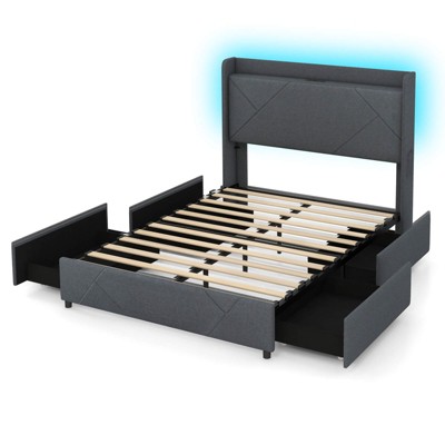 Safstar Full Size Bed Frame w/LED Lights Charging Station 2 Storage Pockets & 4 Drawers