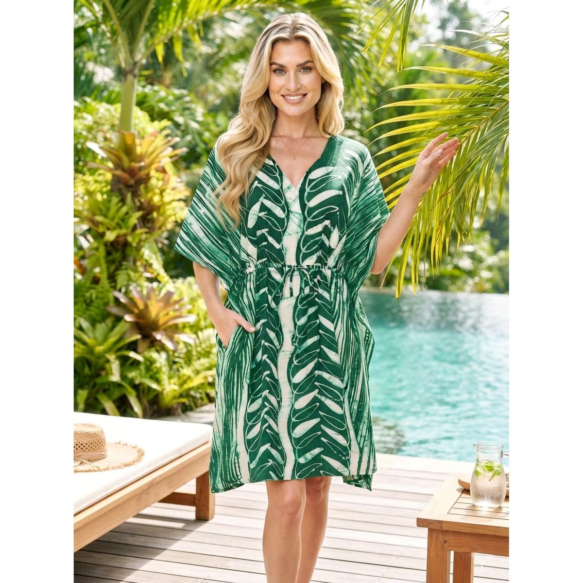 LA LEELA Summer Cotton Women Vacation Cover Up Dress Holiday Resortwear Cruise Pregnancy Wear Comfortable Lounge Style 2X-3X Green Leaf - thumbnail 3