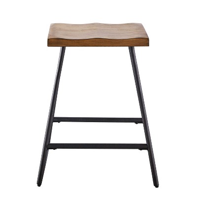 Rustic Saddle Style Brown Wood and Metal Counter Stool, 25" Height