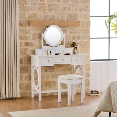VYNXARIA Space-Saving Compact Makeup Vanity Table with Reversible Mirror - Complete Dressing Table Set with Stool,Perfect for Small Spaces,White