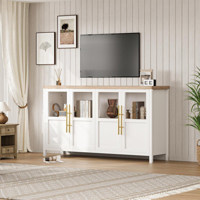 Sideboard Buffet Cabinet with 4 Glass Doors, 55" Large Buffet Cabinet with Storage, Modern Farmhouse Storage Cabinet Table