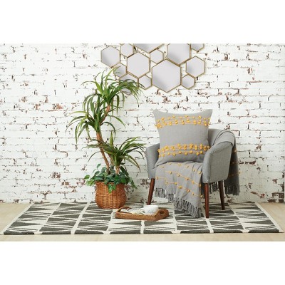Ochre and Gray Cotton Throw Blanket with Tufts