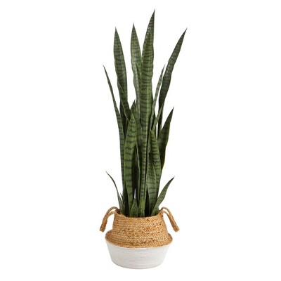 Nearly Natural 46-in Sansevieria Artificial Plant in Boho Chic Handmade Cotton & Jute White Woven Planter