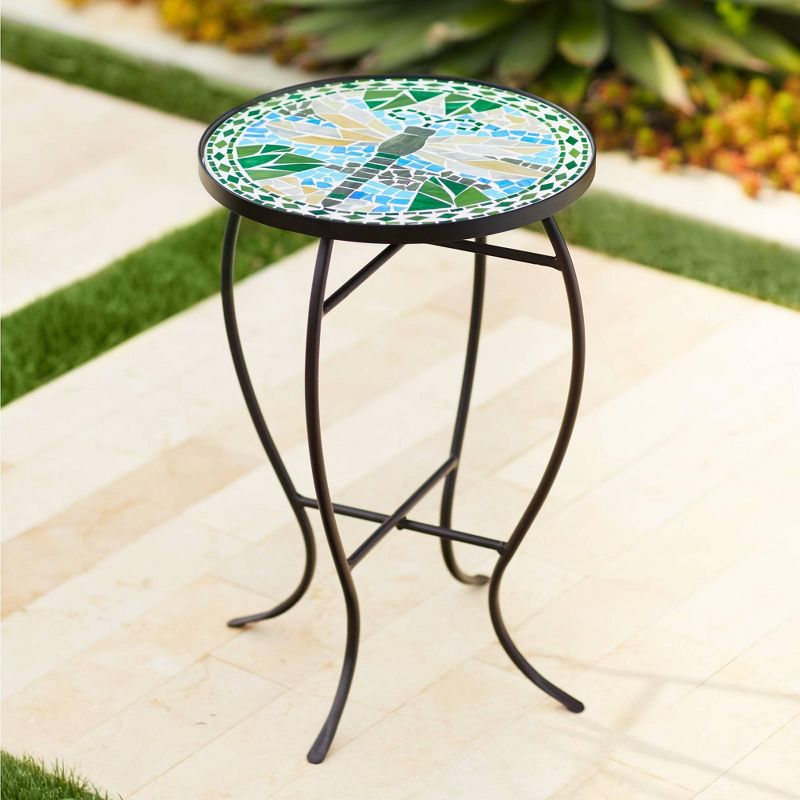 Teal Island Designs Modern Black Round Outdoor Accent Side Table 14" Wide Blue Green Dragonfly Mosaic Tabletop Front Porch Patio Home House, 2 of 8
