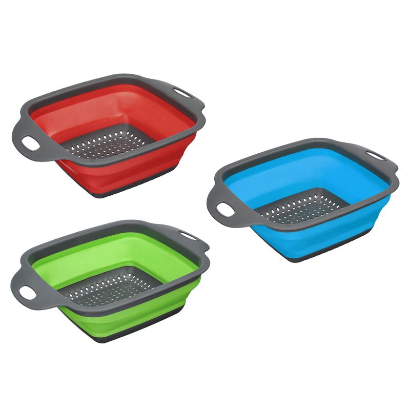 Unique Bargains Collapsible Colander Set Silicone Square Foldable Strainer Space Saving Blue Green Red 3 Pcs Small, 1 of 6