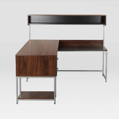 Walnut Wood L-Shaped Gaming Computer Desk with Hutch and Drawer