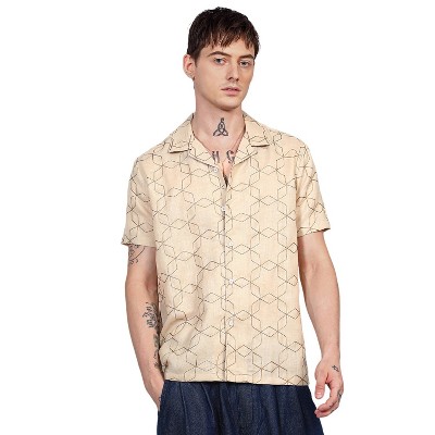 Campus Sutra Men Men's Beige Embroidered Geometric-Lined Shirt