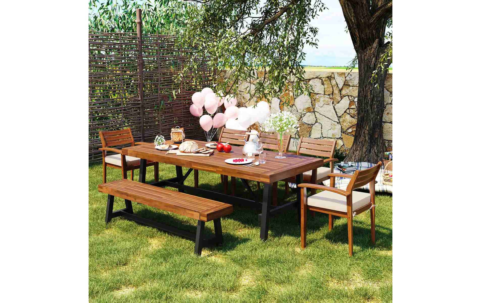 7 Piece Natural Acacia Wood Outdoor Patio Dining Set for 7-8 Person, 78'' Patio Dining Table and 4 Chairs with Bench and Removable Cushions-Coolbibila