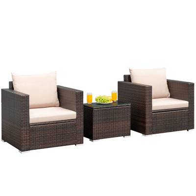 Tangkula 3PCS Patio Rattan Furniture Set with 2 Cushioned Sofas & Coffee Table for Outdoor Turquoise/Black/Navy/Red/Brown