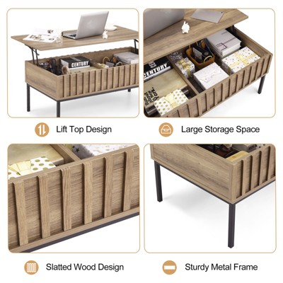 Lift Top Coffee Table with Adjustable Shelf & Hidden Compartments, 3D Wave Textured Finish, Modern Center Table for Living Room, Office, Teak/Black