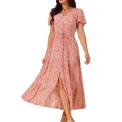 Seta T Women's Summer Casual V Neck Split Hem Short Sleeve Floral Maxi Sundress