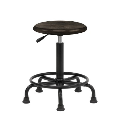 Antique Distressed Black Powder-Coated Steel Drafting Stool with Footring