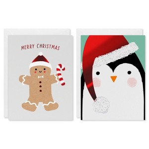 10ct Blank Christmas Cards Boxed with Envelopes Gingerbread Man and Penguin - 1 of 4