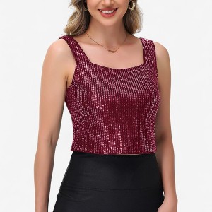 Anna-Kaci Women's Sequin Square Neck Tank Top with Sleeveless Design and Cropped Fit - 1 of 4