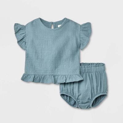 Grayson Collective Baby Girls' Gauze Ruffle Short Sleeve Top & Bottom Set - Blue 0-3M