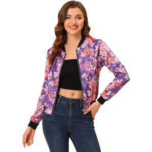 INSPIRE CHIC Women's Stand Collar Floral Prints Zip Up Lightweight Short Jacket - 1 of 4