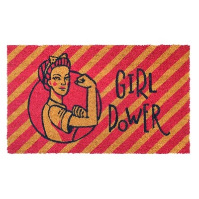 Raj 1'6" x 2'6" Tufted Girl Power Coir Doormat Pink/Natural/Black