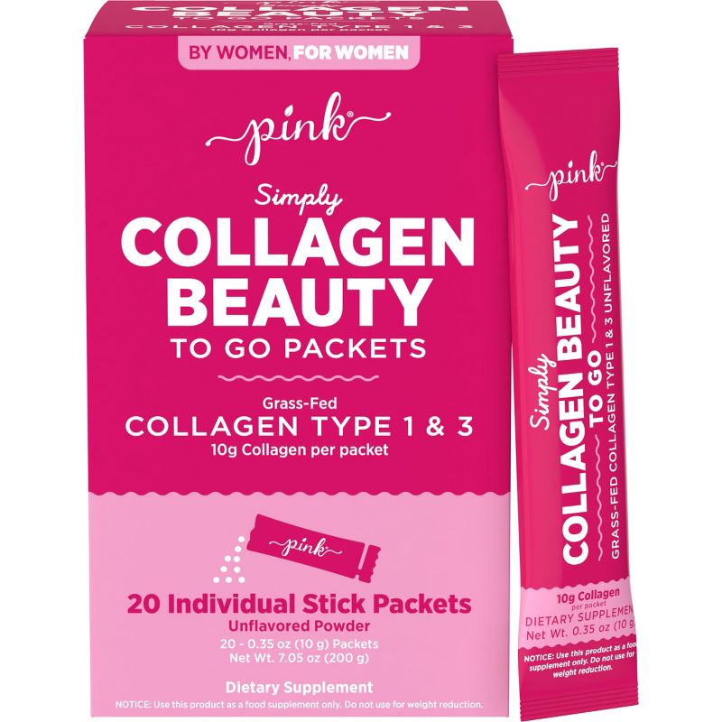 Pink Vitamins Simply Collagen Beauty to Go Unflavored Powder Stick Packs - 20ct, 1 of 9