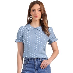 INSPIRE CHIC Women's Elegant Puff Sleeve Polka Dots Peter Pan Collar Vintage Shirt Top - 1 of 4