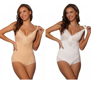 Allegra K Women's Lace Adjustable Straps Tummy Control Backless V Neck Body Shapers 2 Packs - 1 of 4