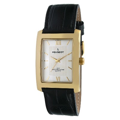 Men's Peugeot Gold-tone Silver Dial Leather Strap Watch - Black