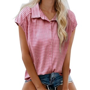 Womens Button Down Shirts Short Cap Sleeve Summer Cotton V Neck Collared Stripes Blouses Casual Plaid Tops - 1 of 4