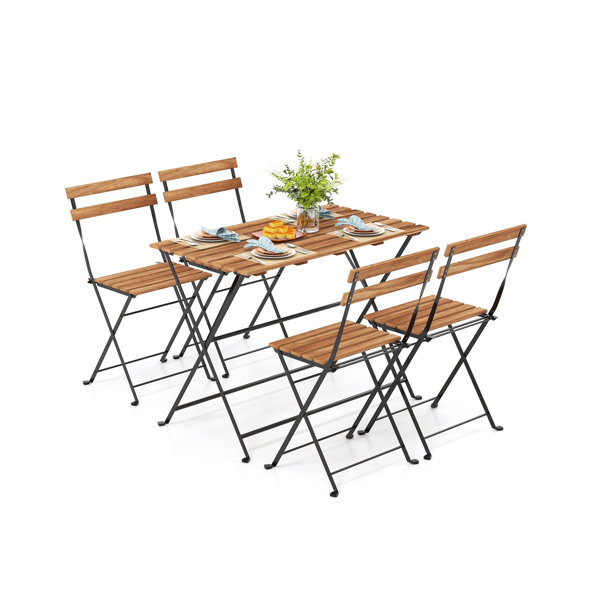 Costway 5 PCS Patio Acacia Wood Dining Set w/ 4 Folding Chairs Slatted Seat & Tabletop