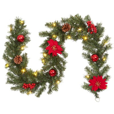 6 ft Pre-Lit Garland with 20 LED Lights Pine Cones Ballfor Fireplace Stair Door
