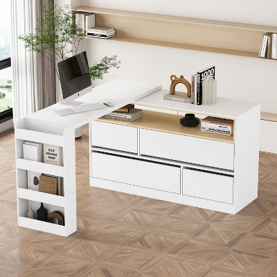 FUFU&GAGA L - shaped Corner Desk with Storage Shelves & Cabinet