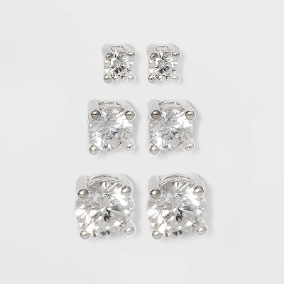 Women's Sterling Silver Stud Earrings Set with Round Cubic Zirconia 3pc - A New Day™ Silver