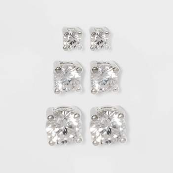 Women's Sterling Silver Stud Earrings Set with Round Cubic Zirconia 3pc - A New Day™ Silver