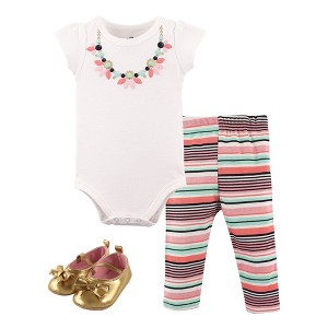 Little Treasure Baby Girl Cotton Bodysuit, Pant and Shoe 3pc Set, Sparkle Necklace - 1 of 1