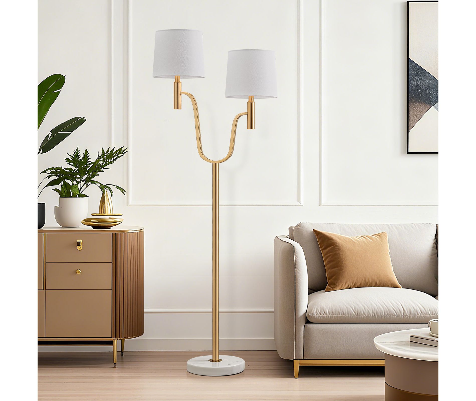 GTCLIGHTING Floor Lamps for Living Room,Modern Double headed standing lamp with Marble Base&Fabric Shade,63.5" Gold Reading Light for Bedroom