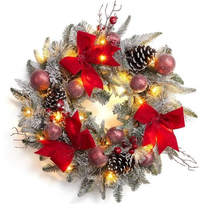 24" Pre-Lit Christmas Wreath for Front Door, Artificial Christmas Wreath with 30 LED, Xmas Wreath for Door Window Indoor Outside Xmas Home Decor, Red