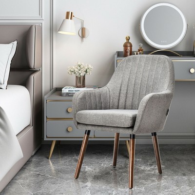 Set of 4 Gray Linen Upholstered Accent Chairs with Rubber Wood Legs