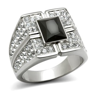 Slickblue Men’s Statement Ring in Stainless Steel, Jet Synthetic Glass with Clear Stones, Polished Finish, Sizes 8-10 - 1 of 4