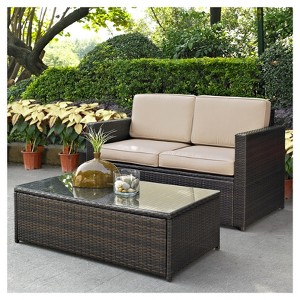 Palm Harbor 2pc Outdoor Wicker Seating Set with Loveseat & Glass Top Table Sand - Crosley: Steel Frame, UV-Resistant - 1 of 4