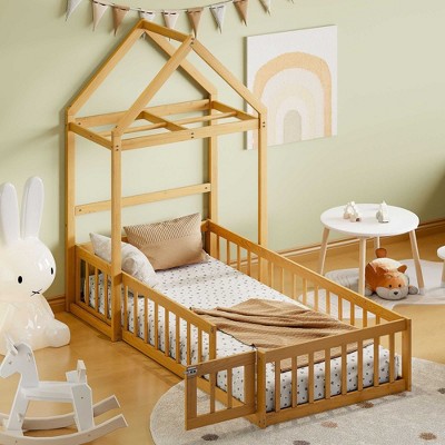 CAVINAS Full Size Wood Tent Montessori Bed,Modern Floor Bed with Triangle Structure and X-Shaped Safety Railings,Toddler Bed for Bedroom