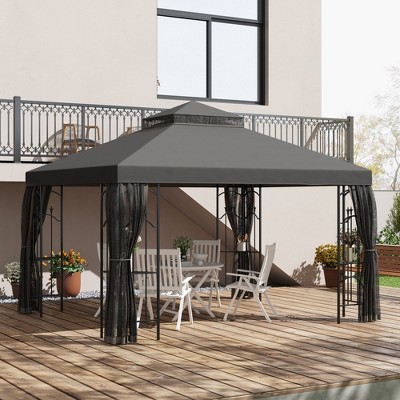 Gray Steel Patio Gazebo with Mesh Curtains and Shelves