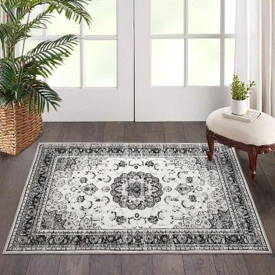 Oriental Medallion Rug - Kid and pet friendly washable vintage floral carpet with non-slip backing