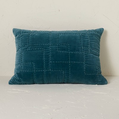 Quilted Cotton Velvet Lumbar Throw Pillow Teal - Opalhouse™ designed with Jungalow™