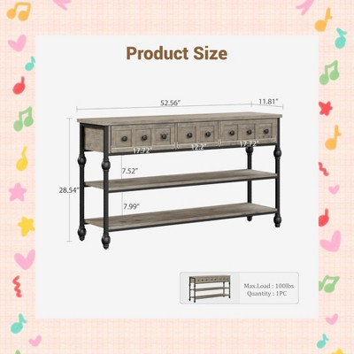 Garvee 3 Tier Entryway Table, Console Table with 3 Storage Drawers, 52" Industrial Metal Sofa Table, Behind Couch Table, Grey