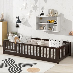 Grungis Twin Size Floor Bed for Kids,Modern Wood Toddler Bed with Safety Guardrails and Door,Montessori Bed for Bedroom - 1 of 4