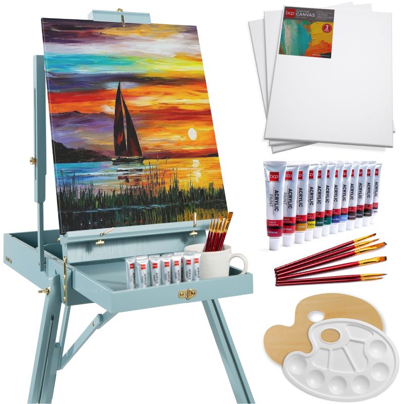 Best Choice Products French Easel, 32pc Beginners Kit Portable Wooden Adjustable Tripod  w/ Paint Supplies, 1 of 9