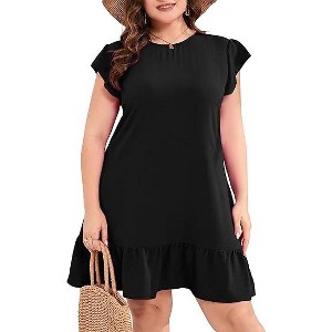 Women's Plus Size Babydoll Mini Dress Flutter Sleeve Flowy Shift Short Dress - 1 of 1