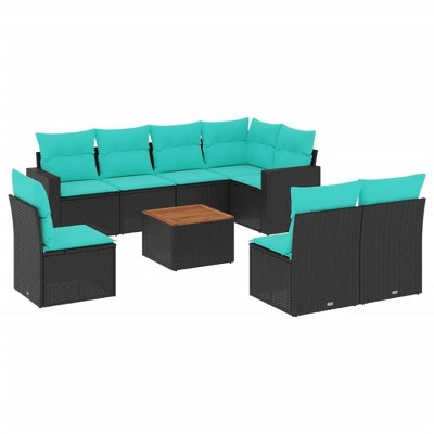 vidaXL 9 Piece Patio Sofa Set with Cushions - Black and Blue